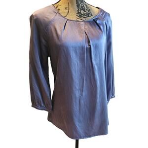 J Jill Silk Blouse, Blue, Pleated, 52% Silk, 48% Cotton, Sz M